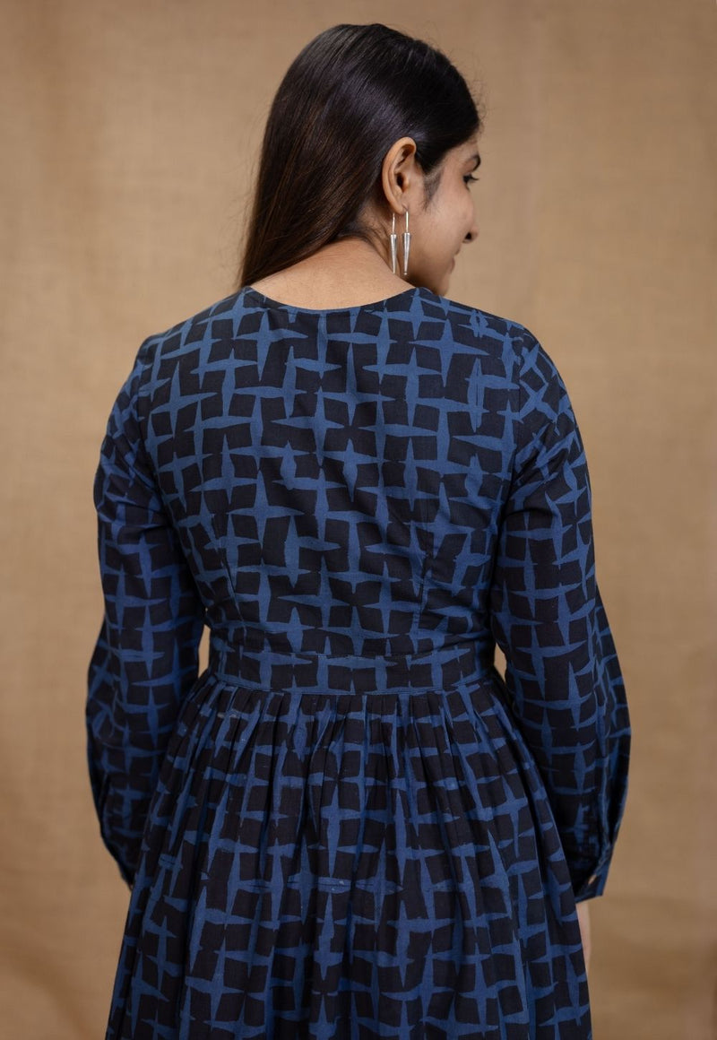 Kimaya Indigo Ajrakh Cotton A Line Dress