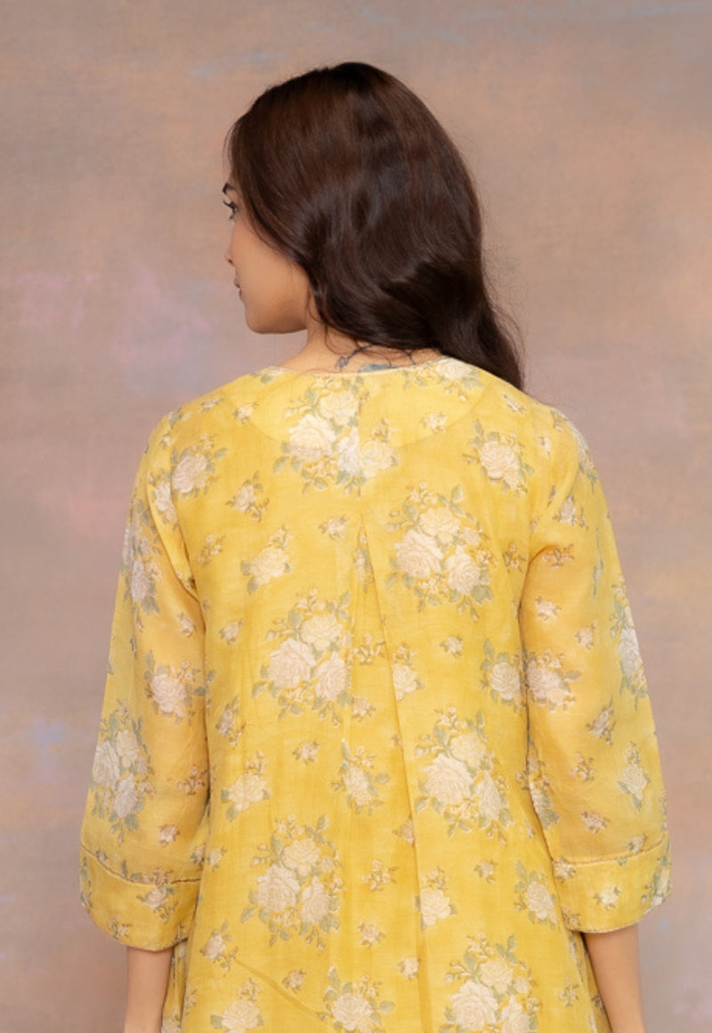 Rosa Yellow Sanganeri Chanderi Silk A Line Kurta with Hand Embroidery and Slip