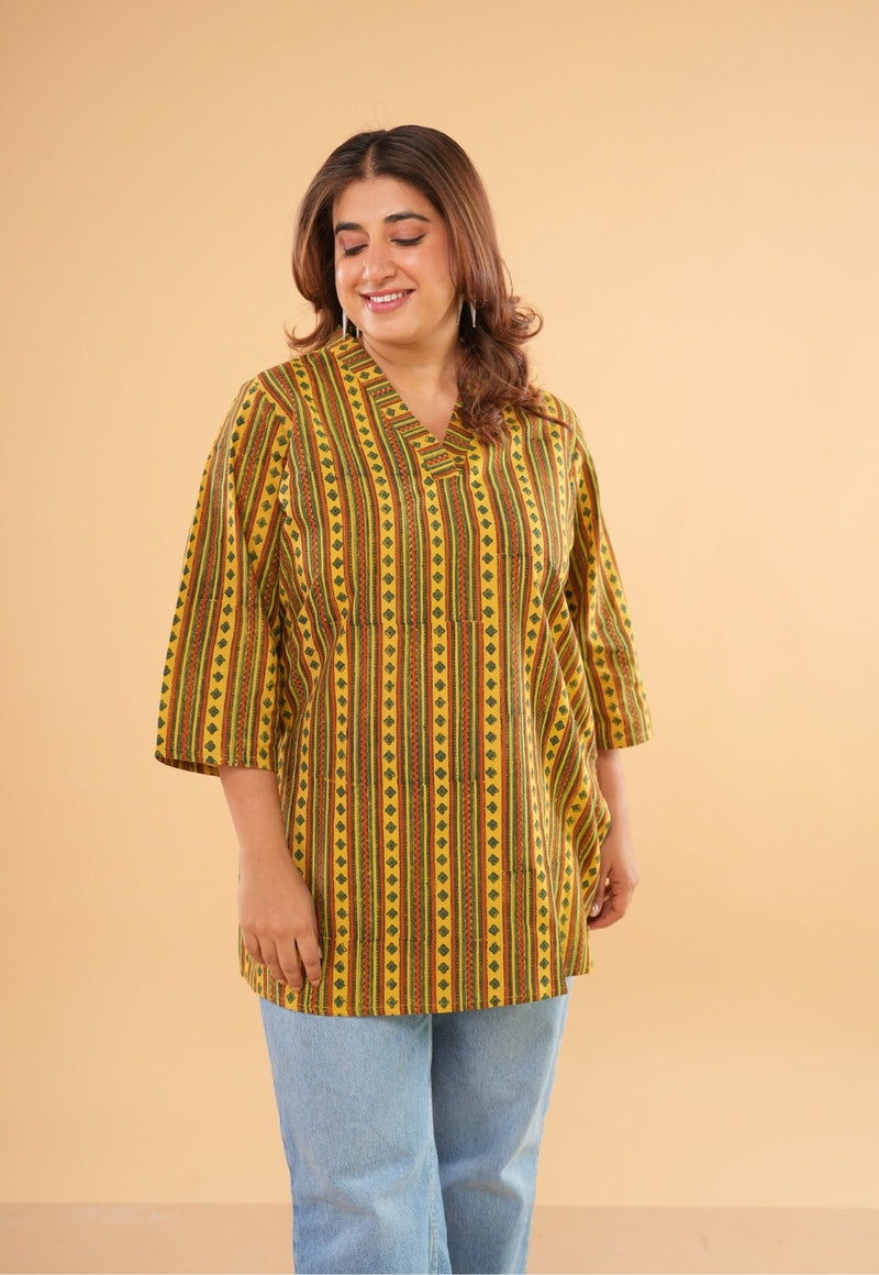 Alisha Yellow Ajrakh Cotton Straight Short Top