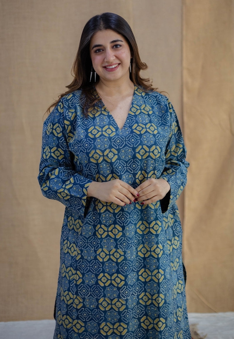 Ritika Blue Ajrakh Cotton Loose Kurta