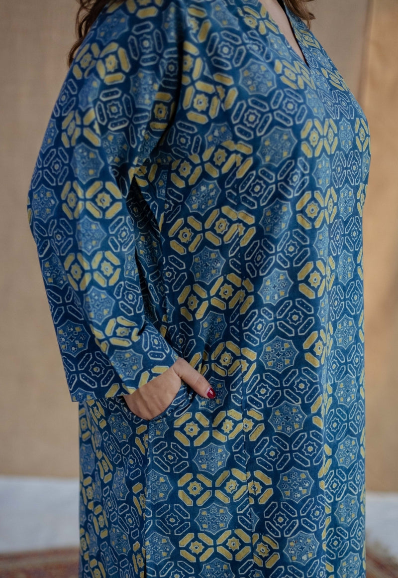 Ritika Blue Ajrakh Cotton Loose Kurta