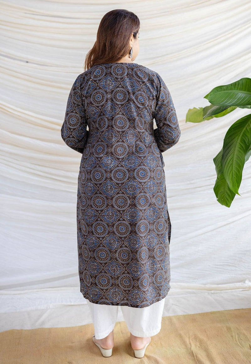 Aarushi Dark Brown Ajrakh Cotton Straight Kurta