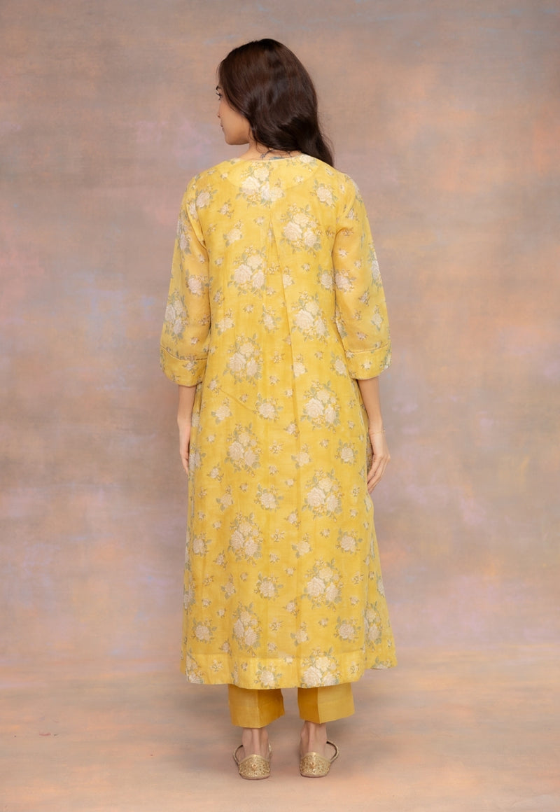 Rosa Yellow Sanganeri Chanderi Silk A Line Kurta with Hand Embroidery and Slip