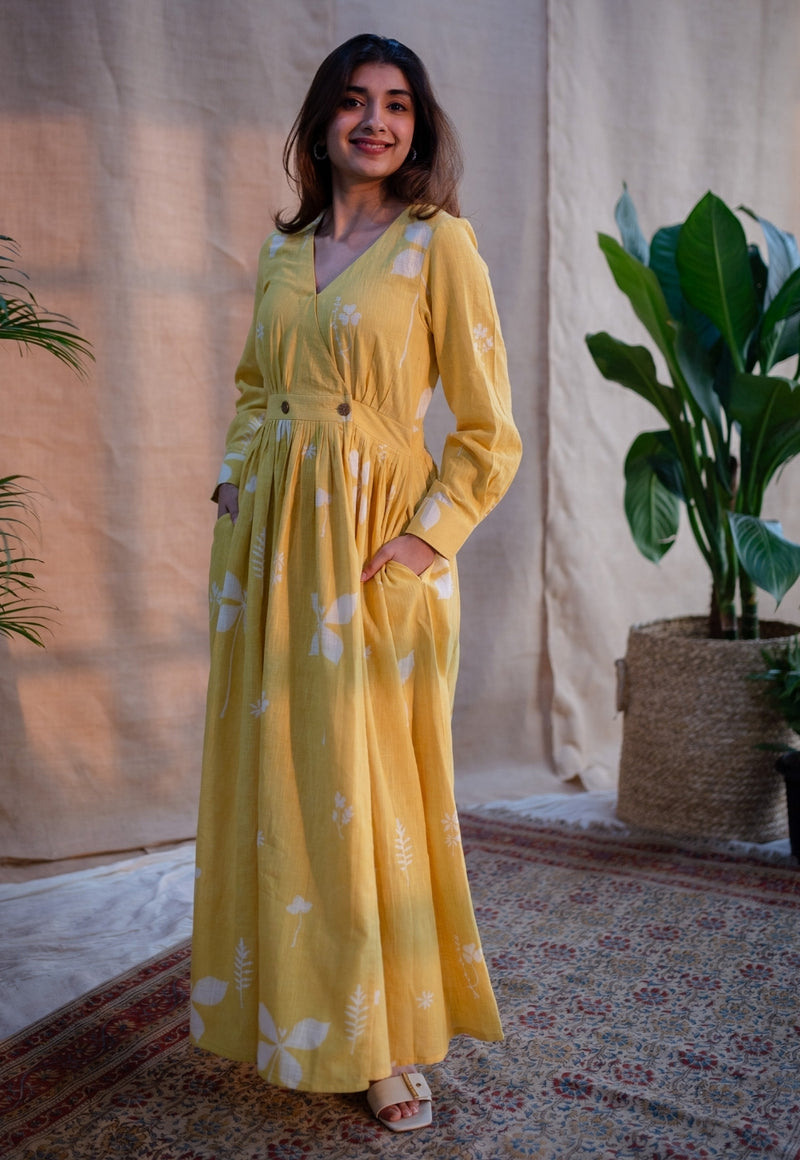 Kimaya Yellow A Line Dabu Slub Cotton Dress