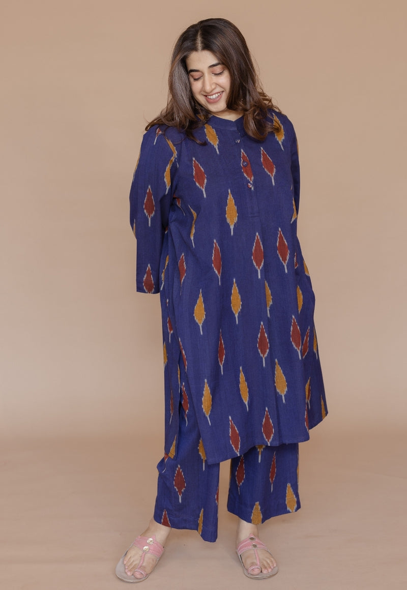 Ayaat Blue Handloom Ikkat Cotton Straight Kurta