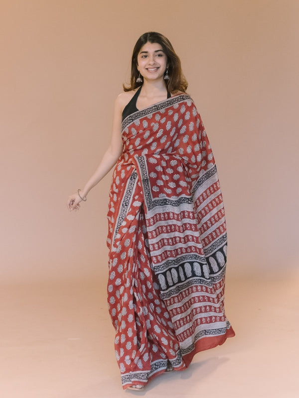 Red Butta Bagru Hand Block Print Modal Saree