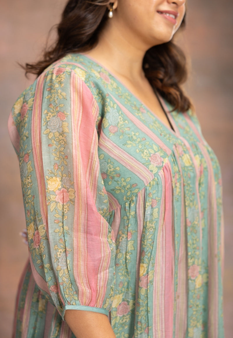 Rosy Blue Sanganeri Chanderi Silk A Line Dress with Hand Embroidery