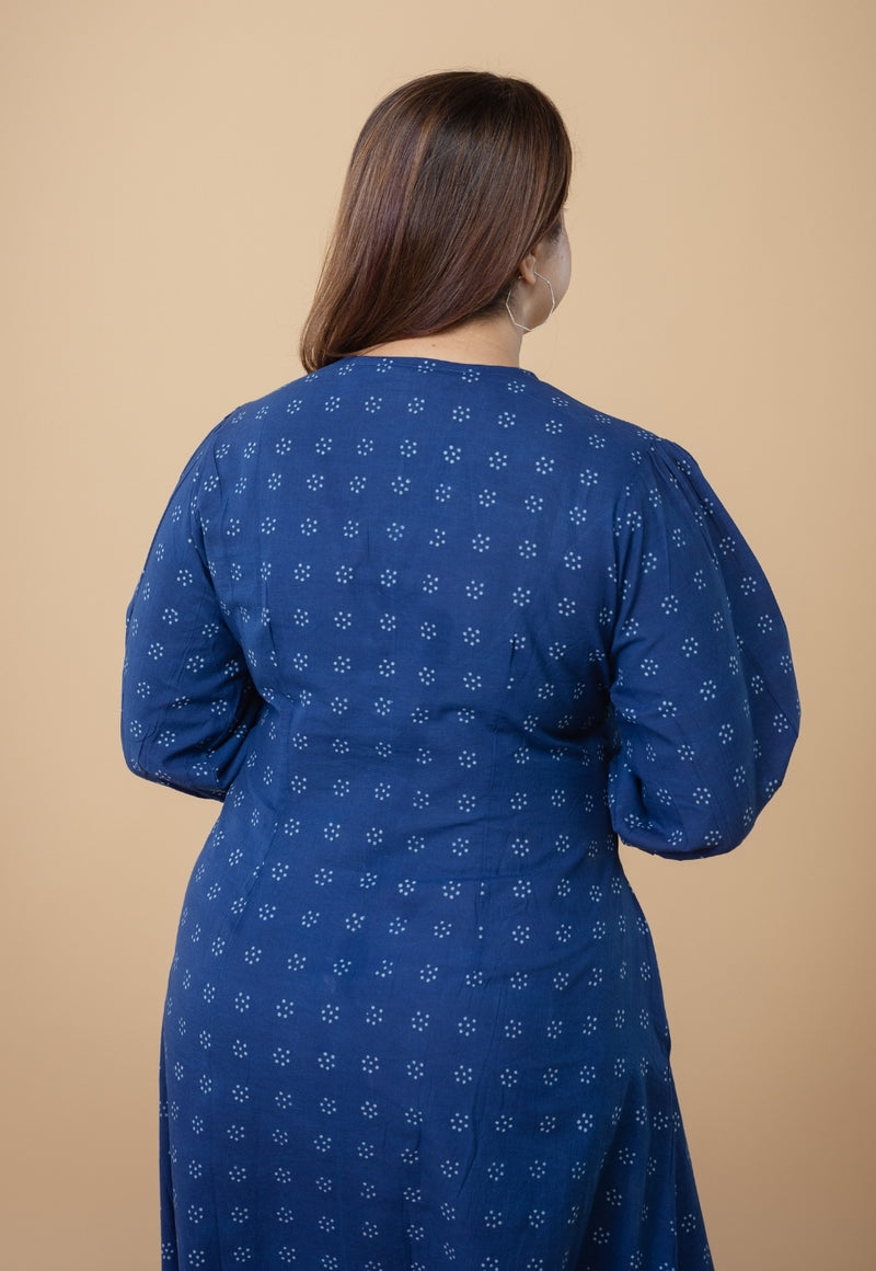 Eyza Blue Dabu Cotton A Line Dress