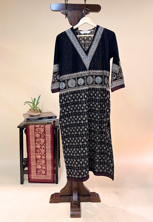Elisha Black Ajrakh Cotton Straight Kurta
