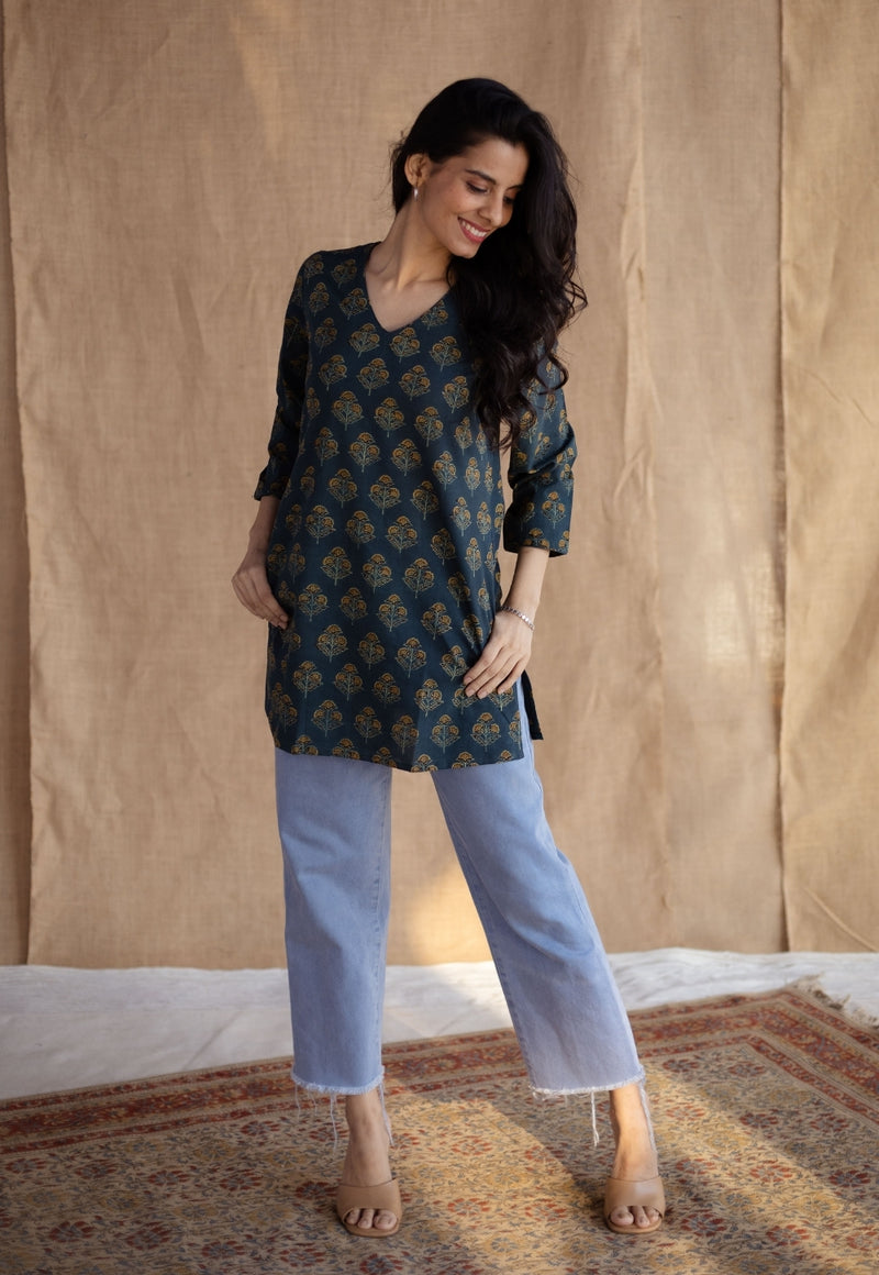 Sahar Dark Green Ajrakh Cotton Straight Short Top