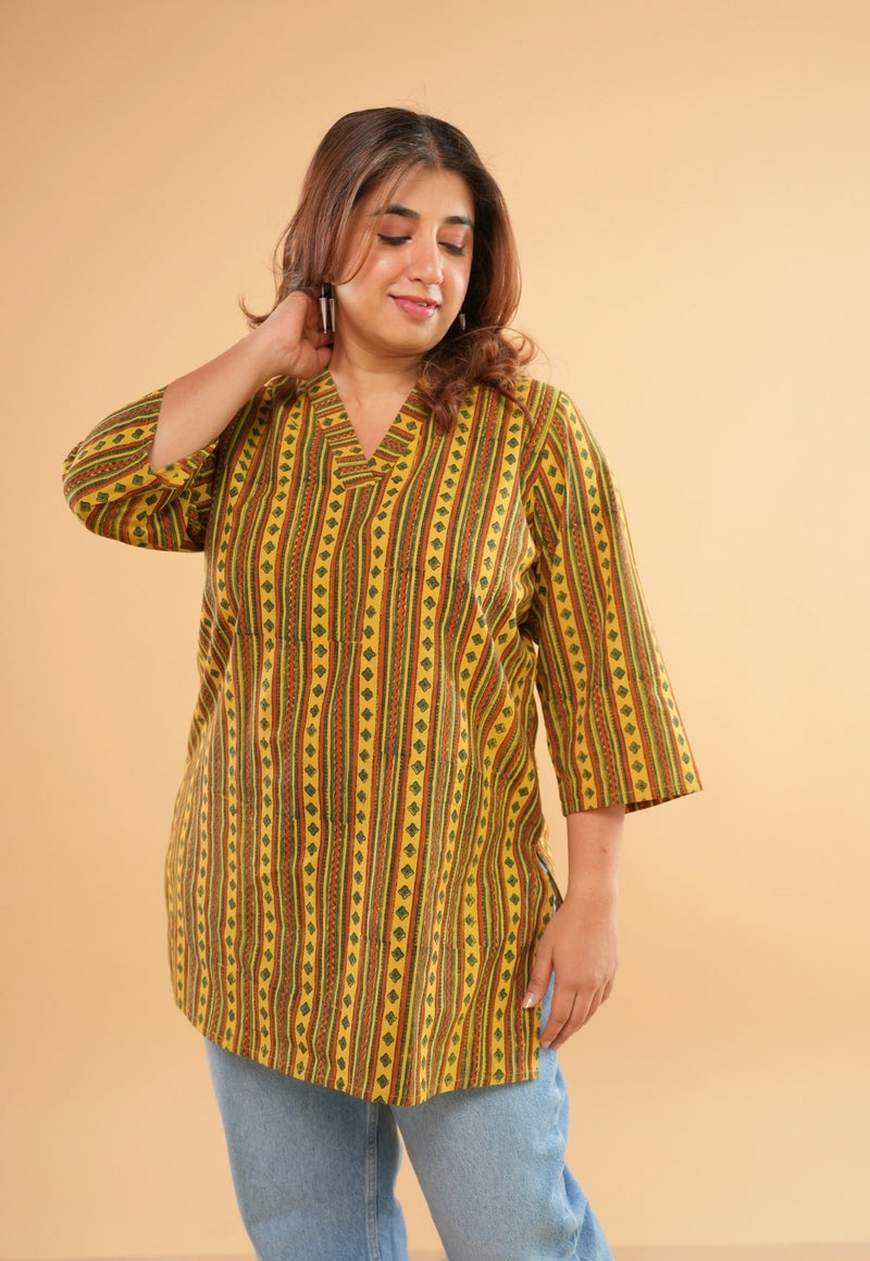 Alisha Yellow Ajrakh Cotton Straight Short Top