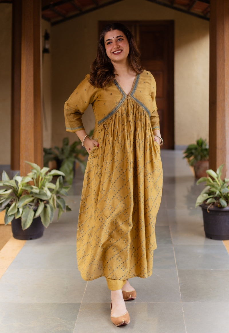 Mehek Mustard Ajrakh Chanderi Silk A Line Kurta with Hand Embroidery