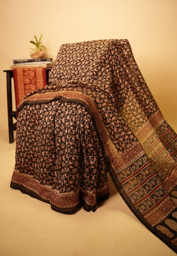 Black Jaal Bagru Hand Block Print Chanderi Silk Saree