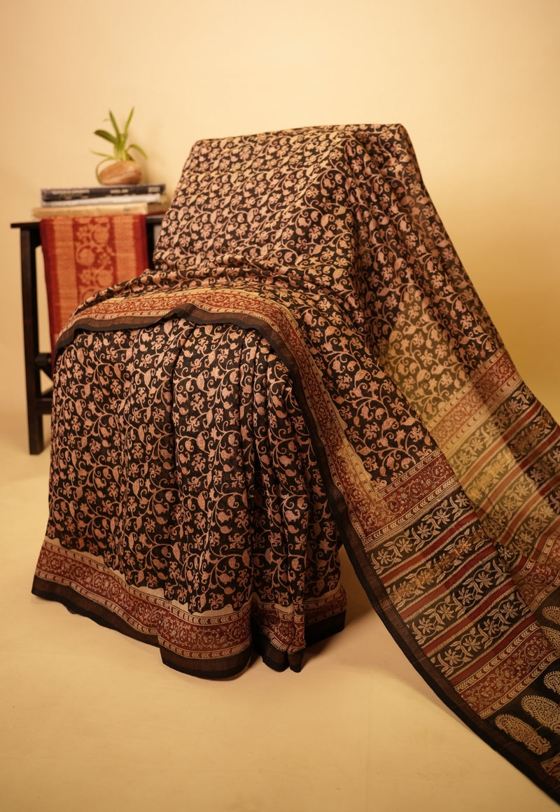 Black Jaal Bagru Hand Block Print Chanderi Silk Saree