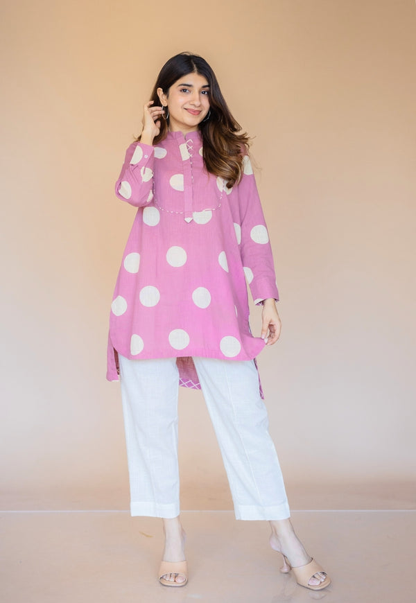 Naaz Pink Hand Block Print Slub Cotton A Line Short Top