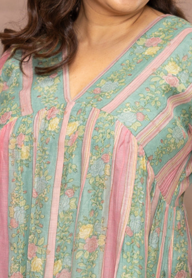 Rosy Blue Sanganeri Chanderi Silk A Line Dress with Hand Embroidery