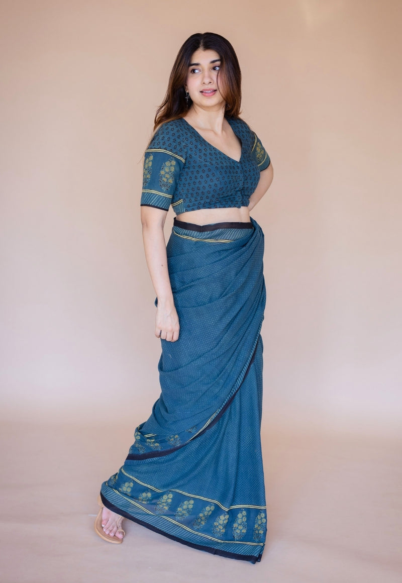 Blue Floral Ajrakh Hand Block Print Mul Saree