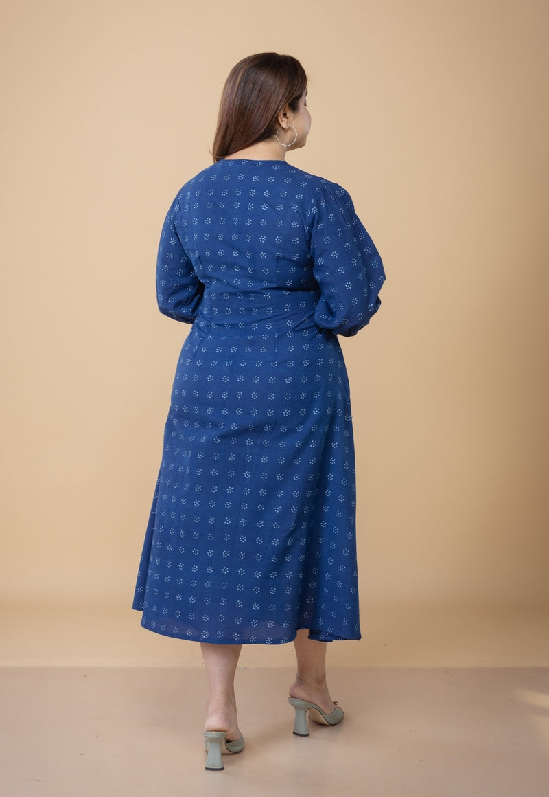 Eyza Blue Dabu Cotton A Line Dress
