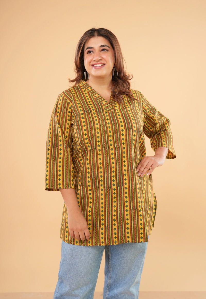 Alisha Yellow Ajrakh Cotton Straight Short Top
