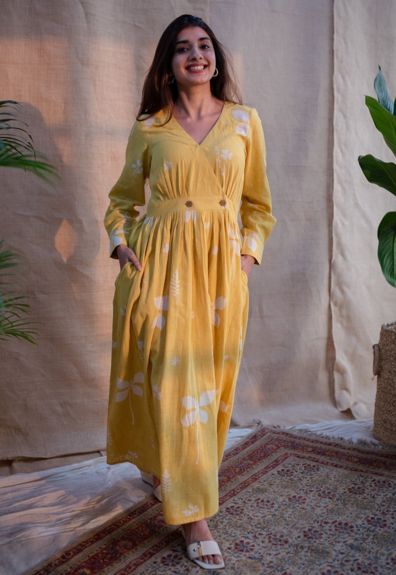 Kimaya Yellow A Line Dabu Slub Cotton Dress