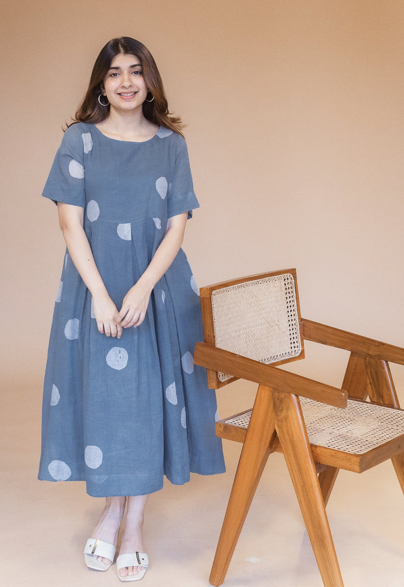 Fajar Blue Batik MulMul A Line Dress with Slip