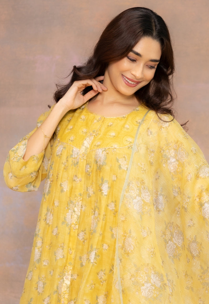 Rosa Yellow Sanganeri Kota Doria Silk Dupatta with Mukaish Embroidery