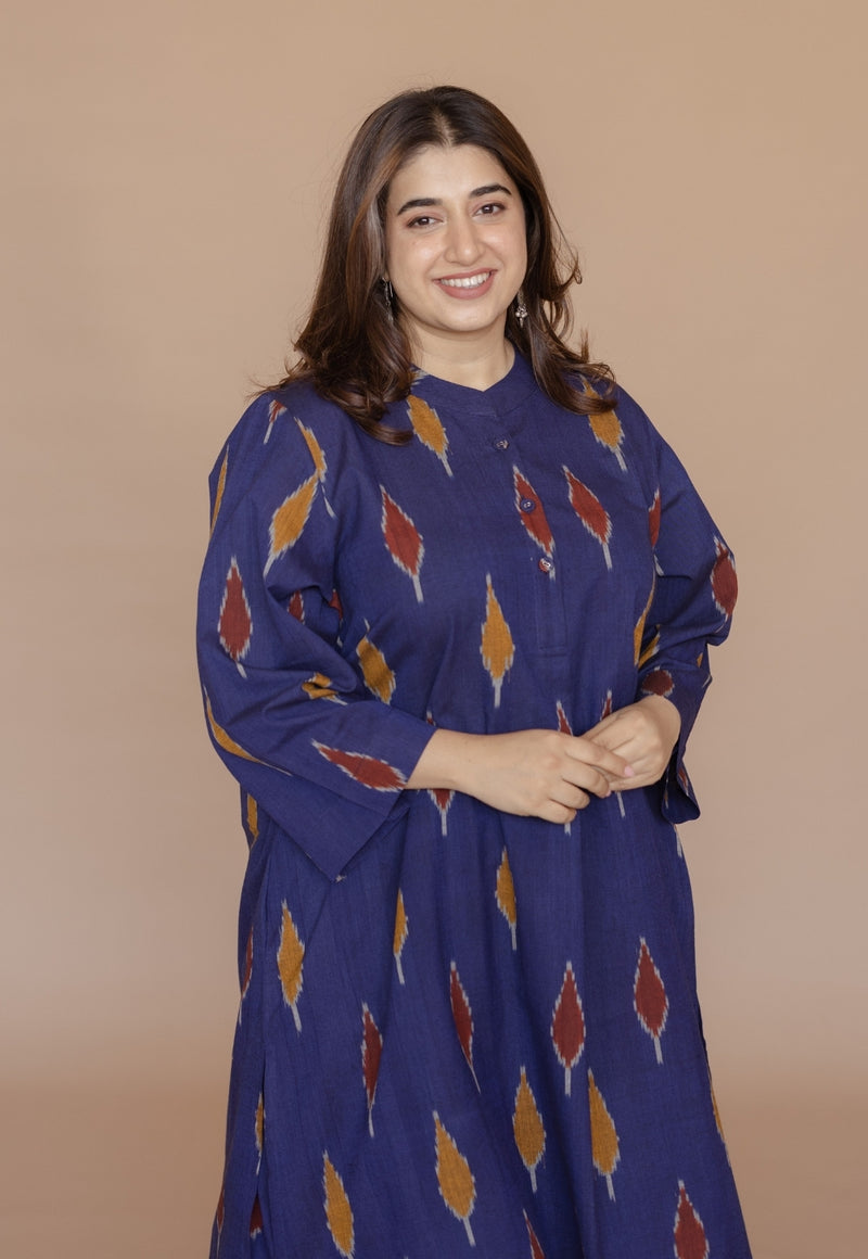Ayaat Blue Handloom Ikkat Cotton Straight Kurta