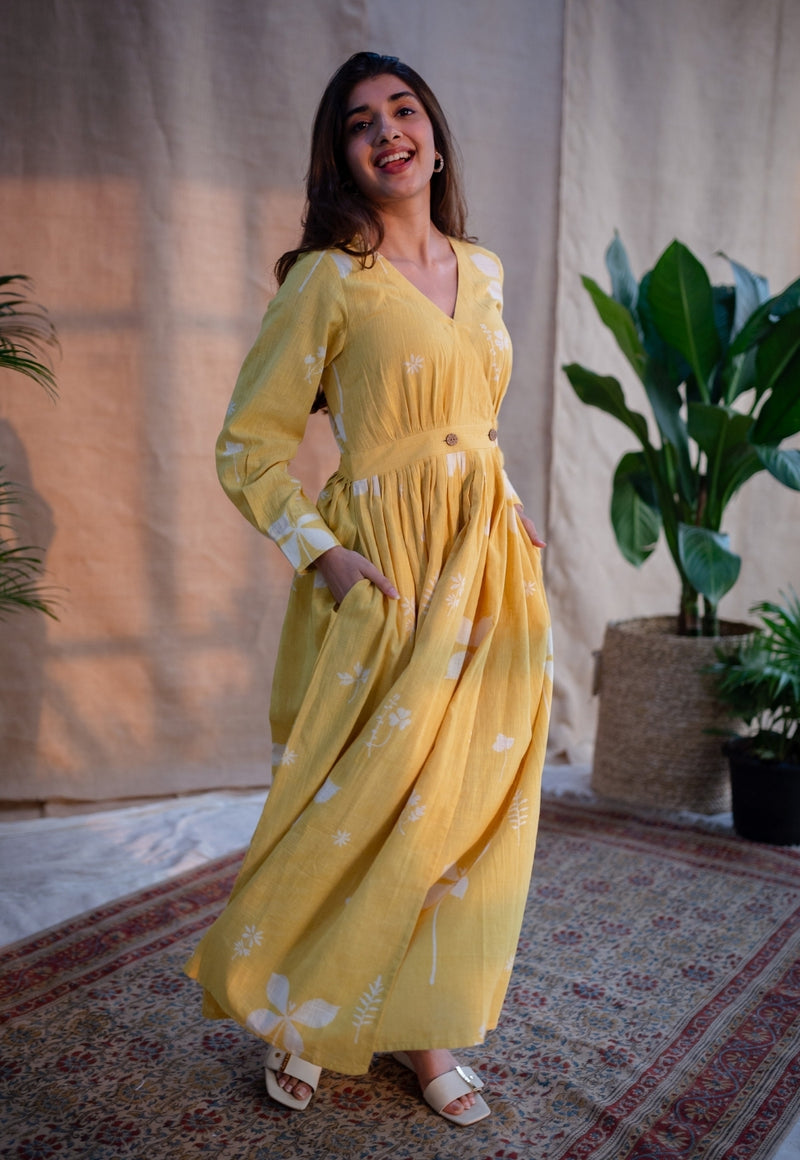 Kimaya Yellow A Line Dabu Slub Cotton Dress