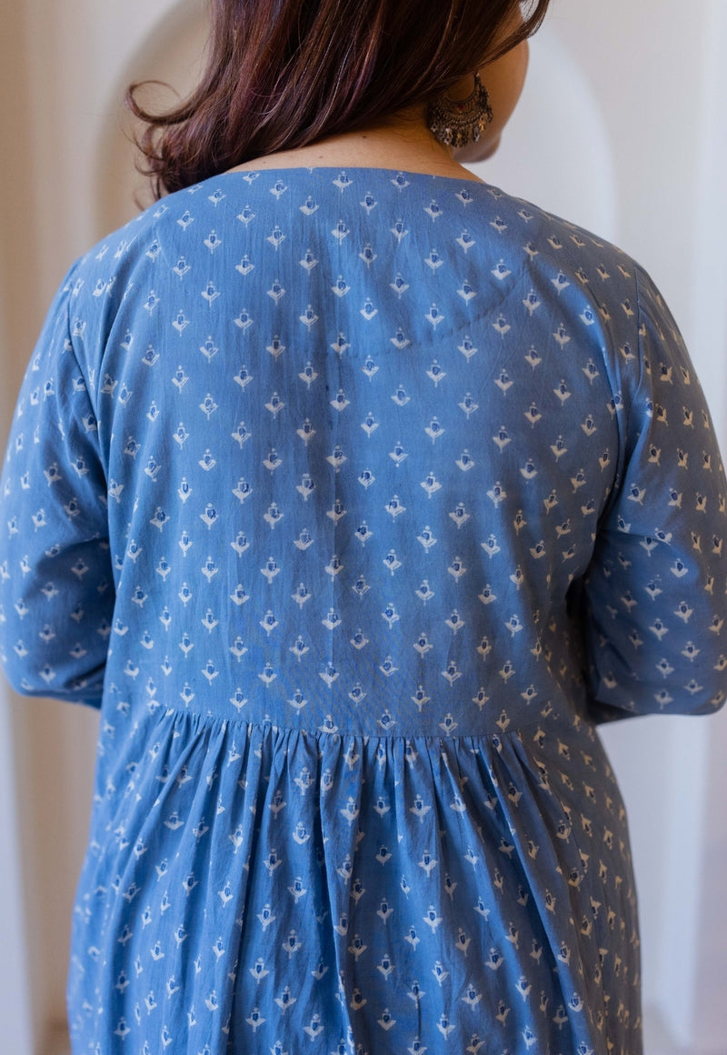 Apurva Blue Cotton Ajrakh A Line Kurta