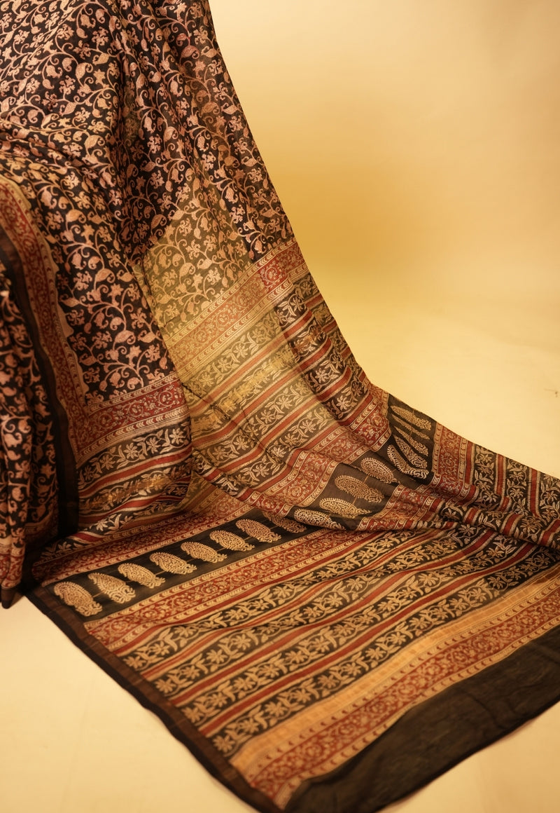 Black Jaal Bagru Hand Block Print Chanderi Silk Saree
