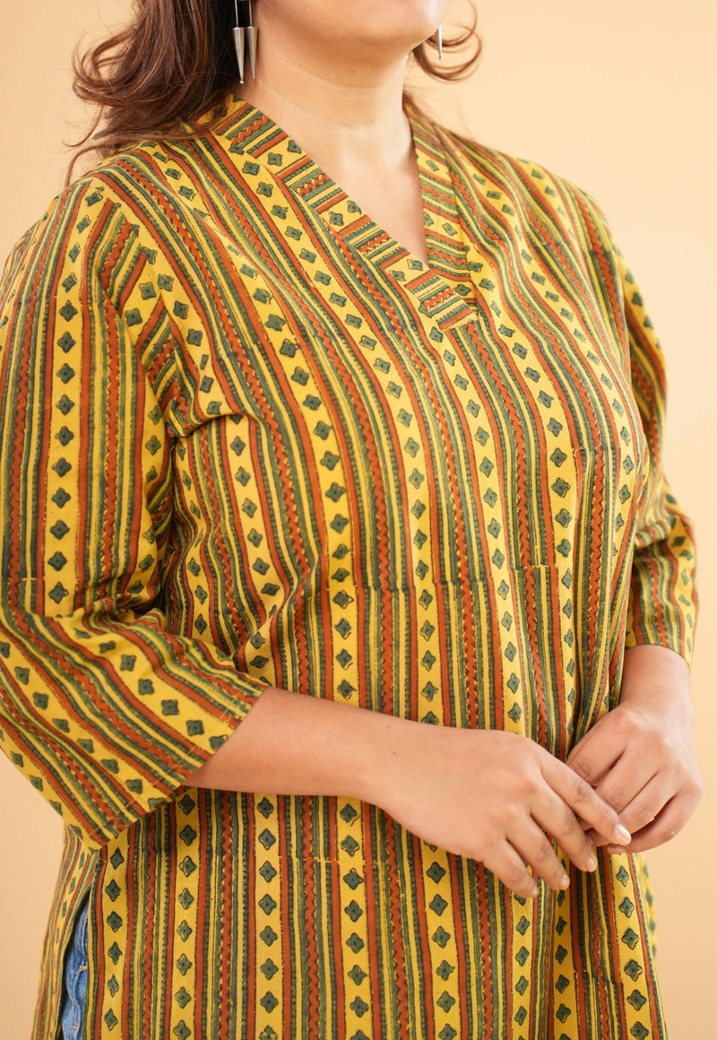 Alisha Yellow Ajrakh Cotton Straight Short Top