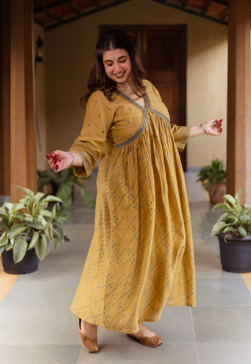 Mehek Mustard Ajrakh Chanderi Silk A Line Kurta with Hand Embroidery