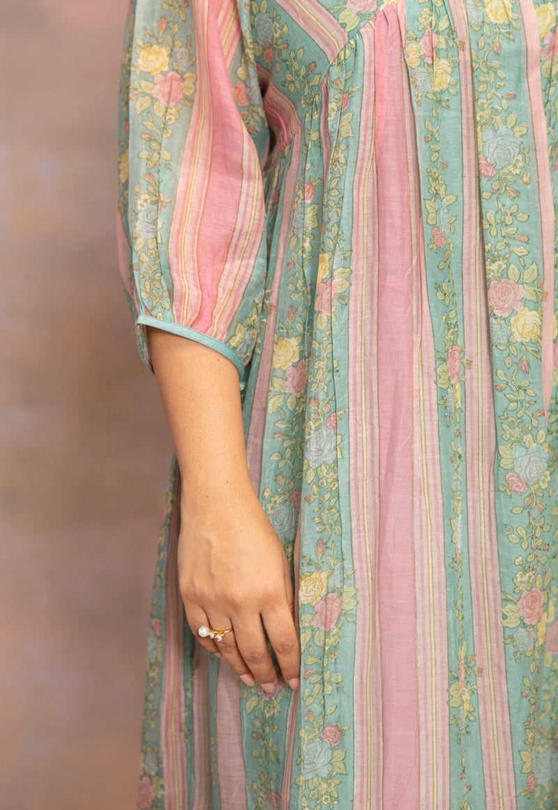 Rosy Blue Sanganeri Chanderi Silk A Line Dress with Hand Embroidery