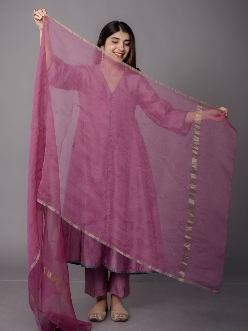 Purple Solid Zari Silk Net Dupatta with Hand Embroidery