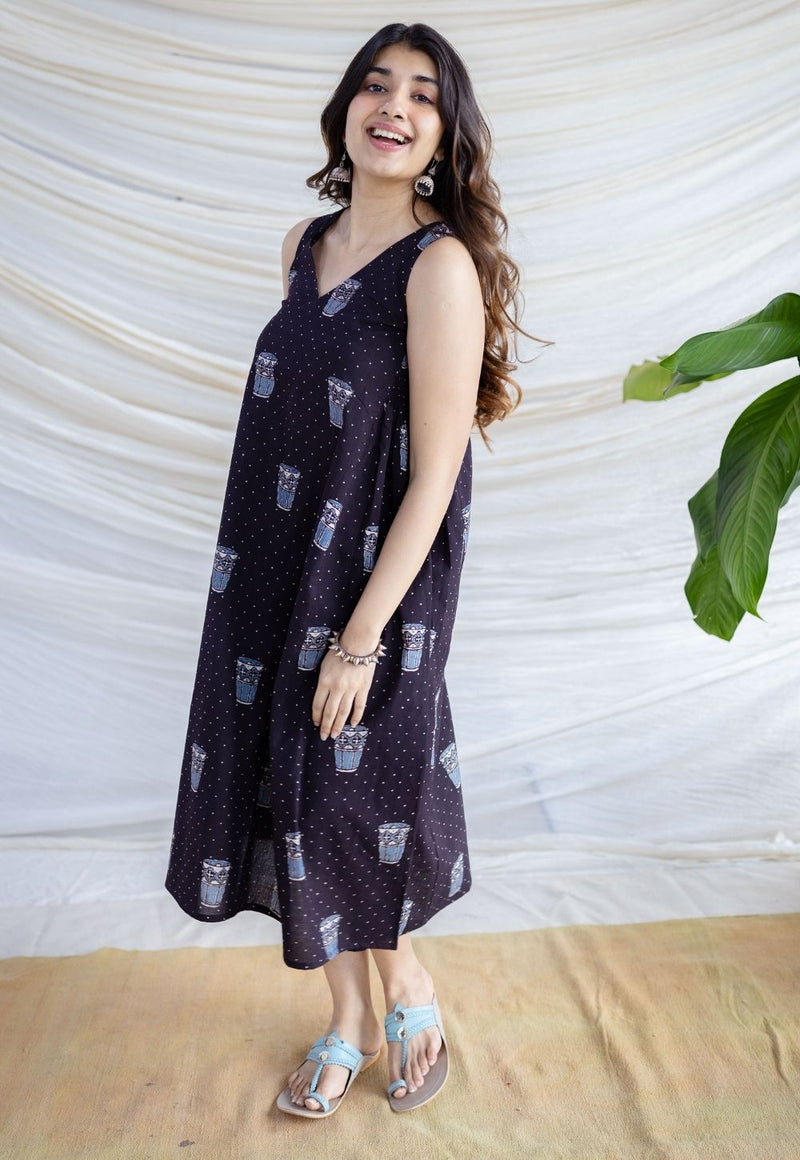 Unnati Black Ajrakh Cotton A Line Dress