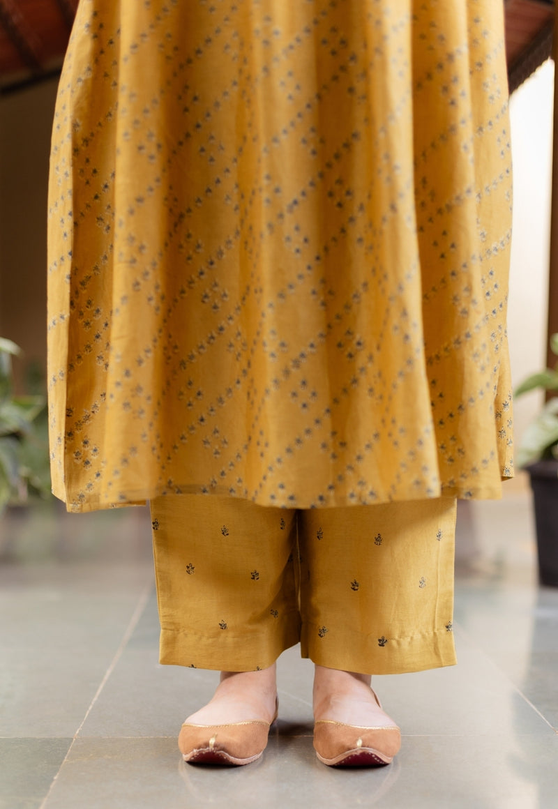 Mehek Mustard Ajrakh Chanderi Silk A Line Kurta with Hand Embroidery