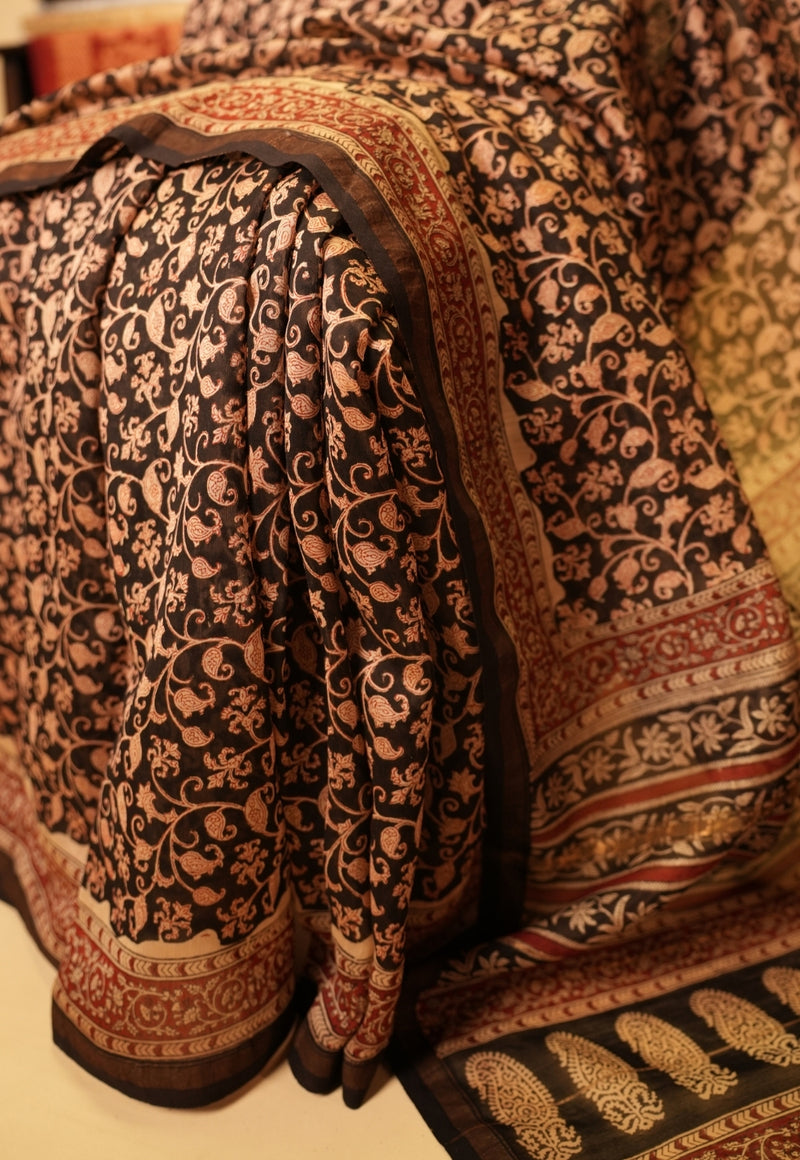 Black Jaal Bagru Hand Block Print Chanderi Silk Saree