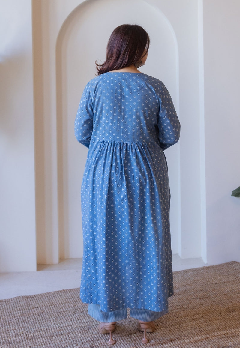 Apurva Blue Cotton Ajrakh A Line Kurta
