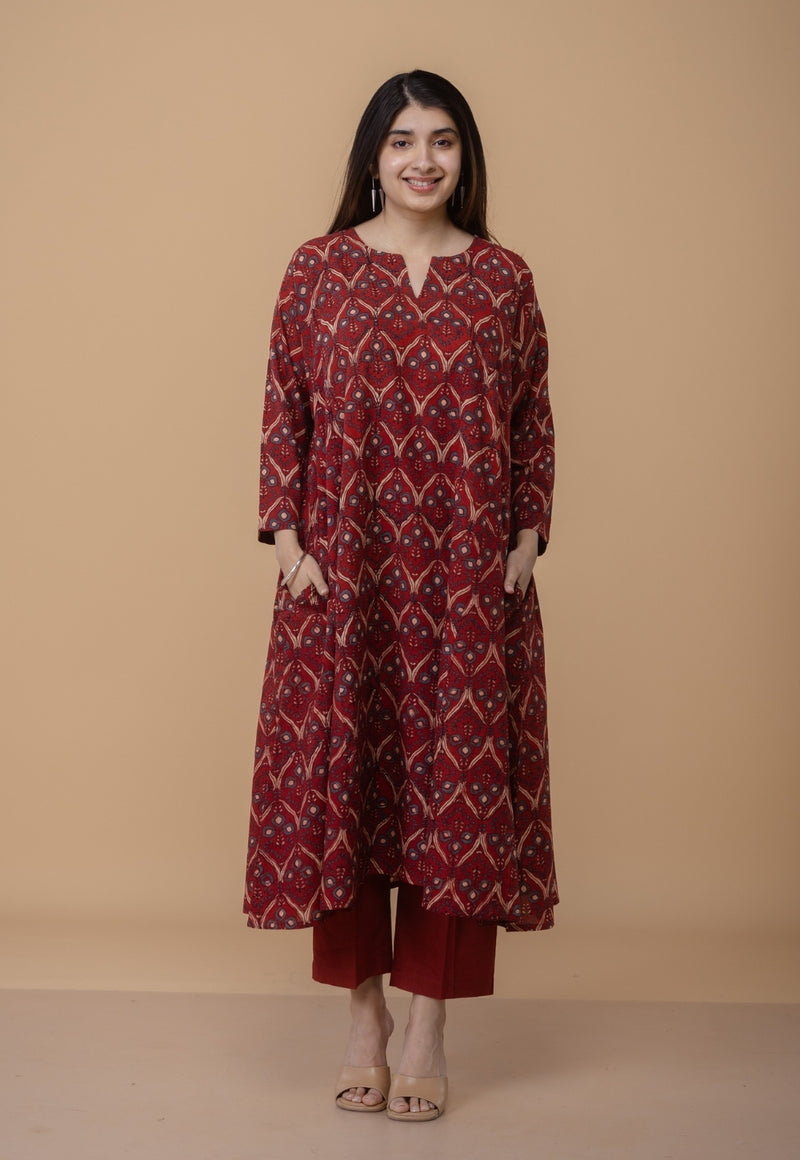 Nyra Red Ajrakh Cotton Jhabba Kali Kurta