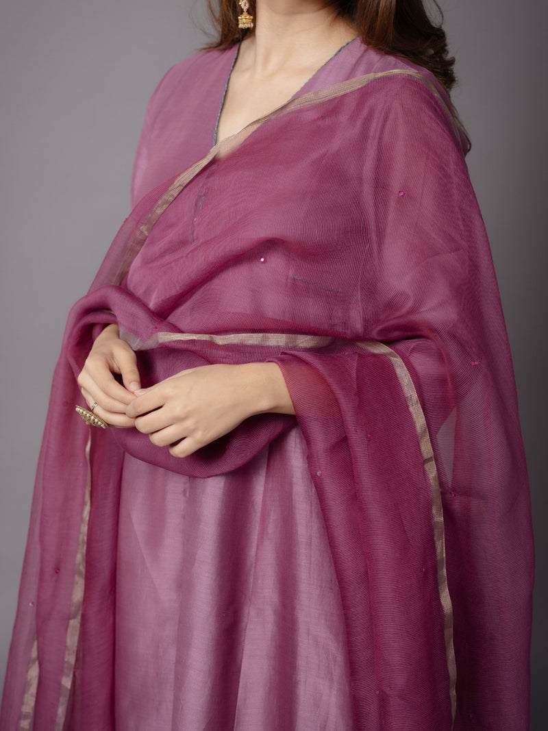 Purple Solid Zari Silk Net Dupatta with Hand Embroidery