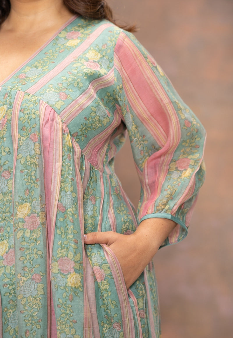 Rosy Blue Sanganeri Chanderi Silk A Line Dress with Hand Embroidery