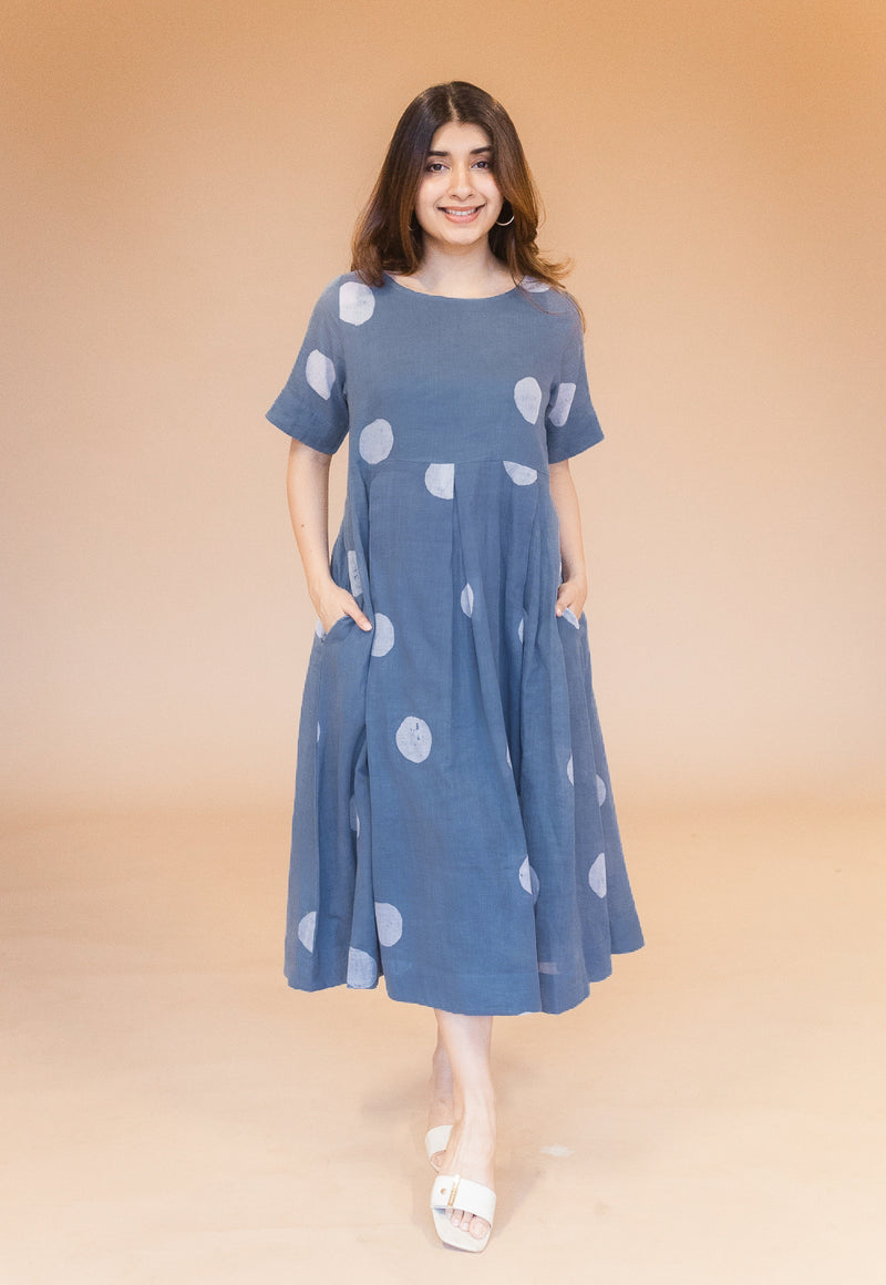Fajar Blue Batik MulMul A Line Dress with Slip