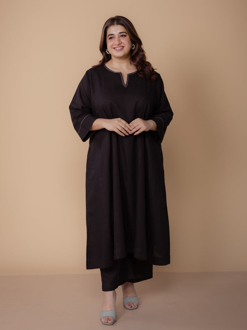 Nyra Black Solid Slub Cotton Jhabbha Kali Kurta with Hand Embroidery