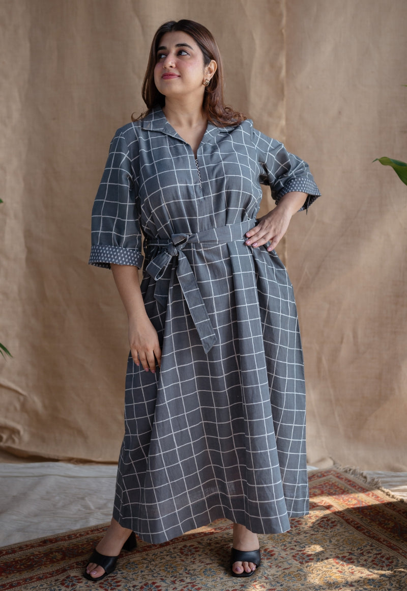 Alzira Grey Dabu Slub Cotton A Line Dress with Embroidery