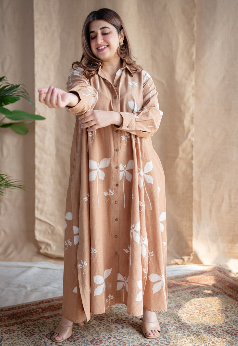 Trusha Light Brown A Line Dabu Slub Cotton Dress