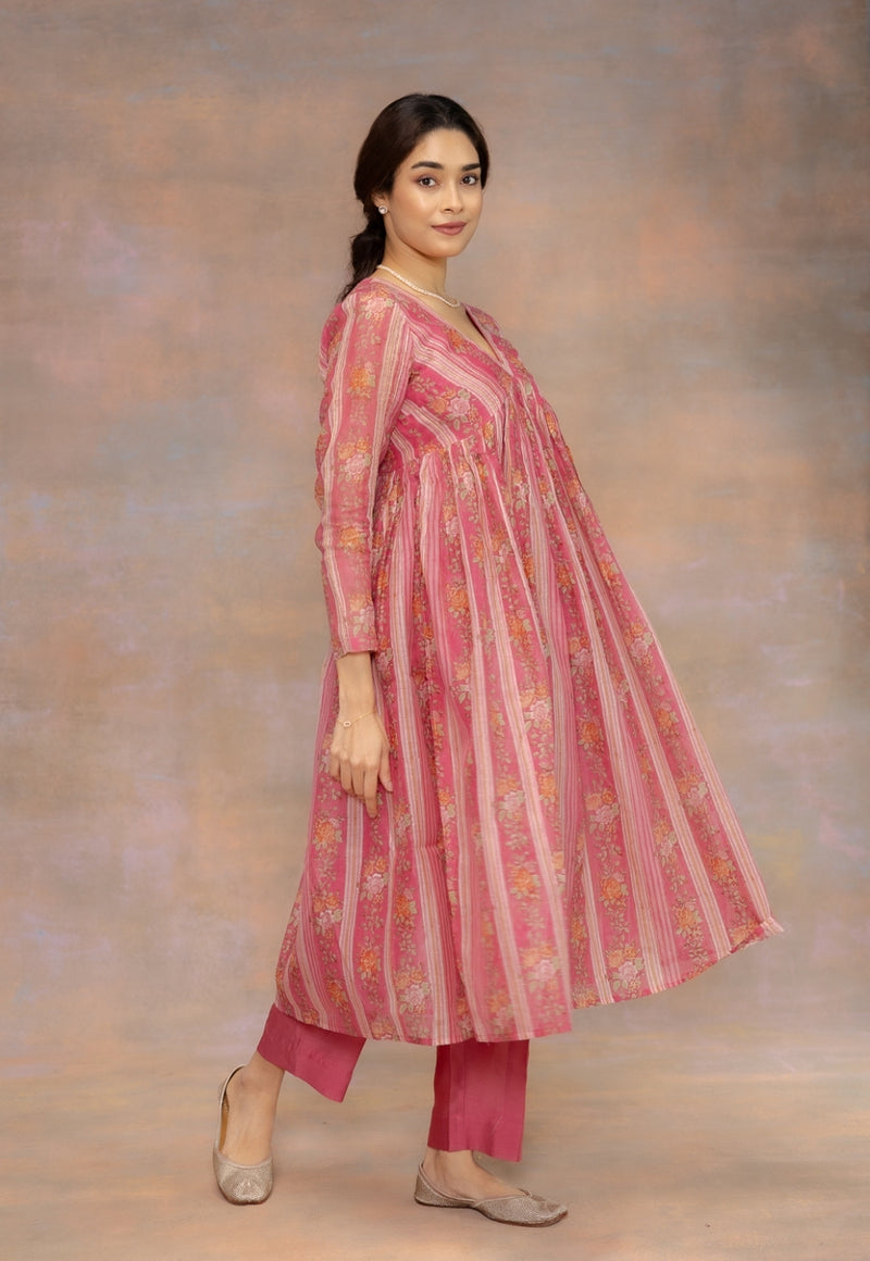 Rooz Pink Sanganeri Chanderi Silk A Line Kurta with Lace Detailing
