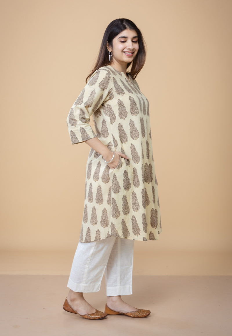 Daksha Beige Ajrakh Cotton A Line Kurta