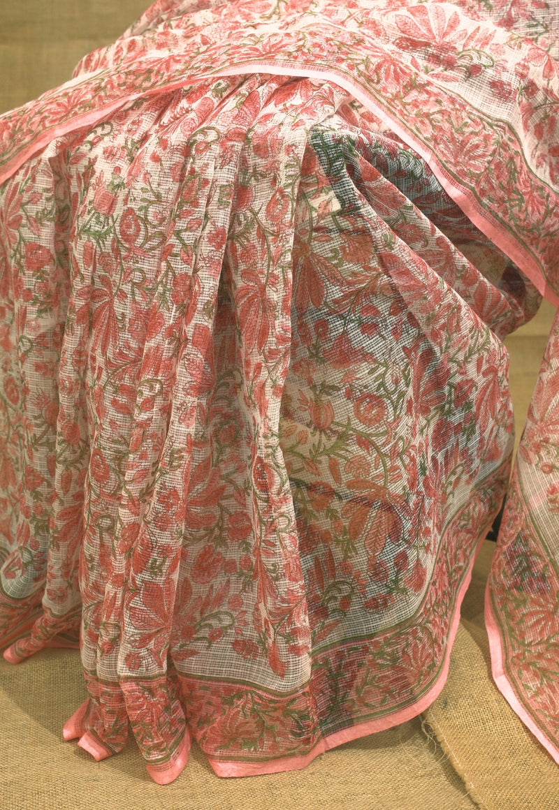 Pink Floral Sanganeri Hand Block Print Kota Doria Saree