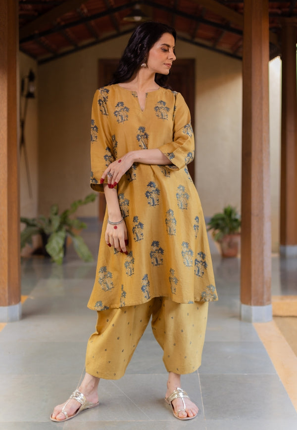 Daksha Mustard Ajrakh Chanderi Silk A Line Kurta with Hand Embroidery