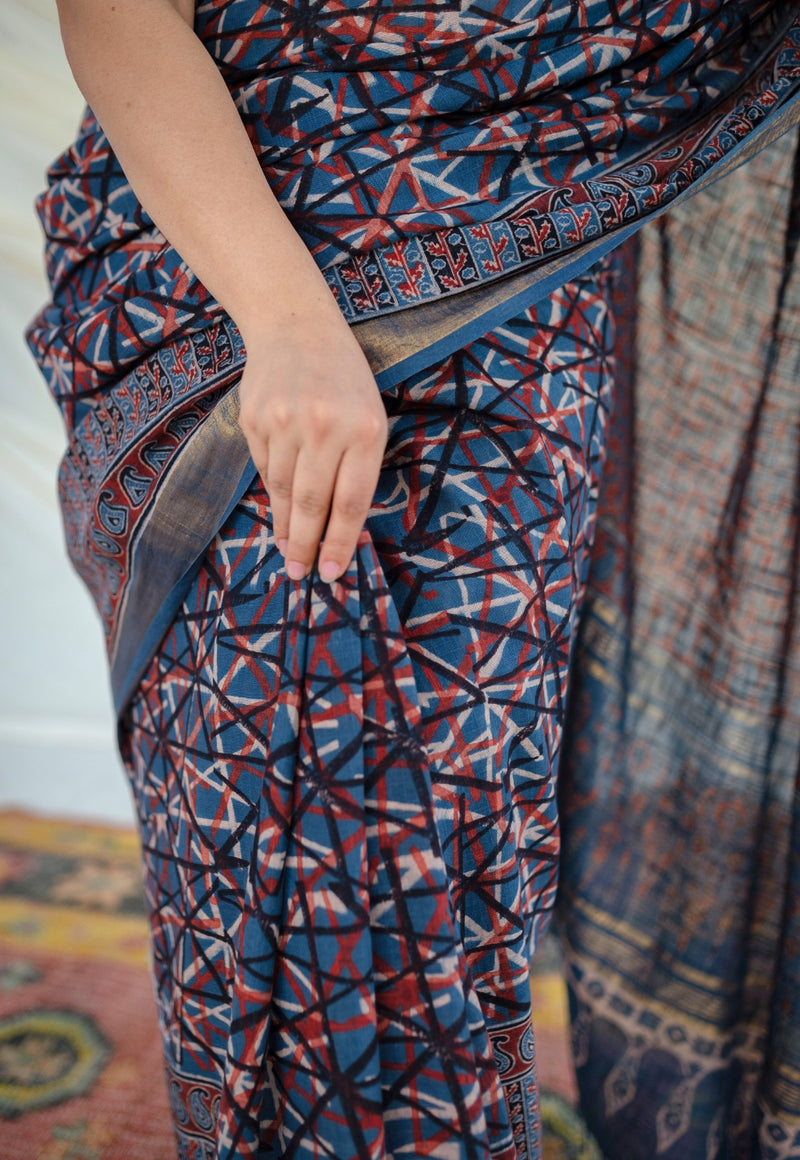 Blue Ajrakh Hand Block Printed Linen Saree